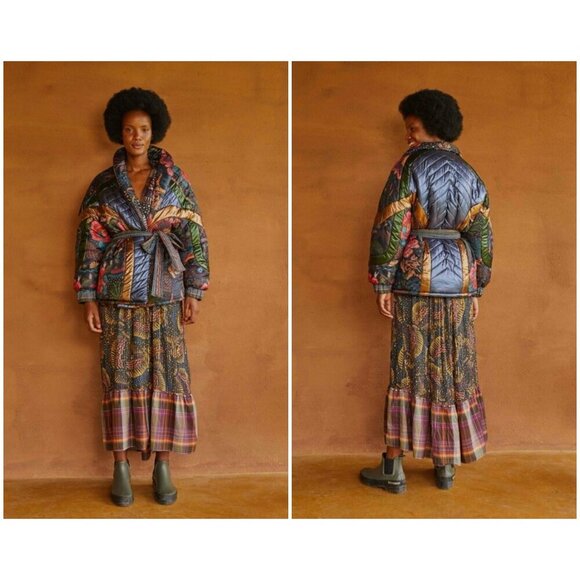 💕FARM RIO💕 Black Wild Bananas Metallic Reversible Puffer Jacket Large L NWT - Picture 3 of 16